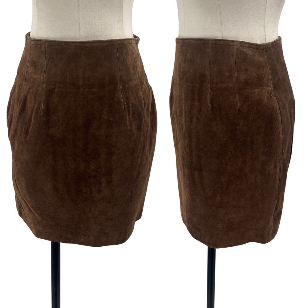 Vintage 90s Suede Leather Mini Skirt Fitted High Waist Kick Slit Brown Womens 4